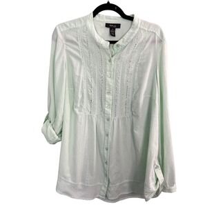 Style & Co Shirt 1X Plus Green Cotton Pintuck  Button Beaded Boho Feminine Work